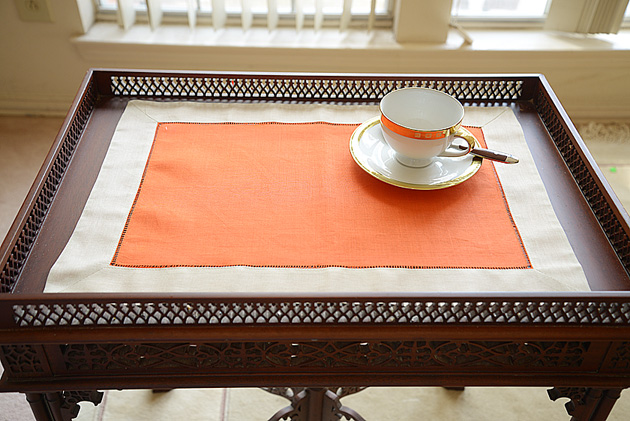 Multicolor Hemstitch Placemat 14"x20". Flame Orange & Taupe - Click Image to Close